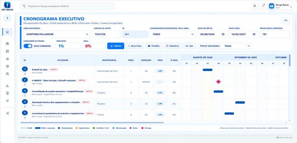 Tela de cronograma executivo: filtros da obra, lista de atividades com responsáveis e gráfico de Gantt.