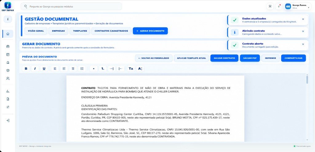 Tela de gestão documental: contrato aberto para edição, com barra de formatação e ações de salvar contrato e salvar PDF.