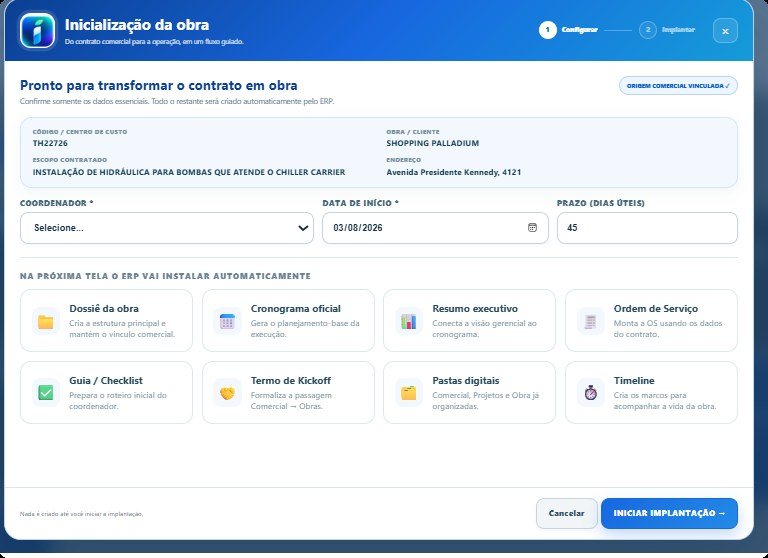 Tela de inicialização da obra: contrato vinculado, campos de coordenador, data de início e prazo, e as ferramentas instaladas automaticamente.