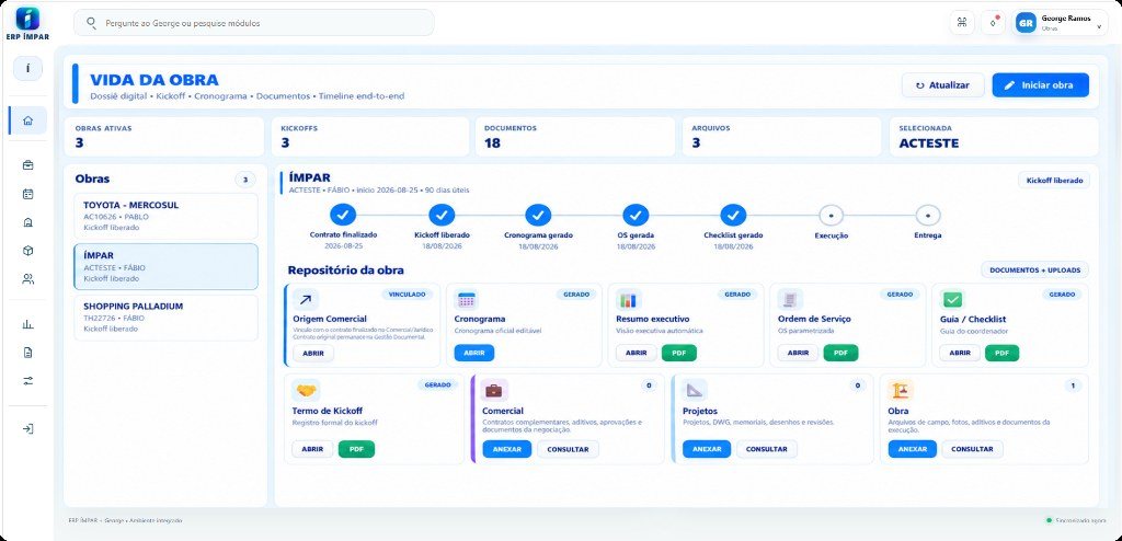 Tela Vida da Obra: lista de obras em andamento, o fluxo Contrato, Kickoff, OS e Checklist, e o repositório de documentos da obra.