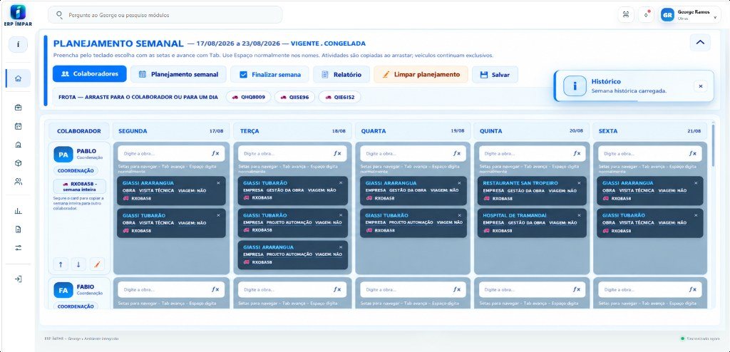 Tela de planejamento semanal: colaboradores nas linhas, dias nas colunas e cards de atividade por dia.